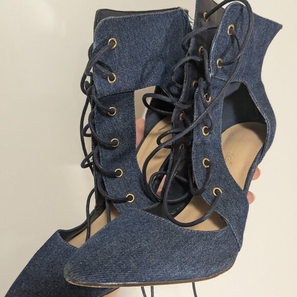 *3/$10* Shoedazzle Latie Stiletto Denim Laceup Booties Blue Size 7.5 - Picture 6 of 6